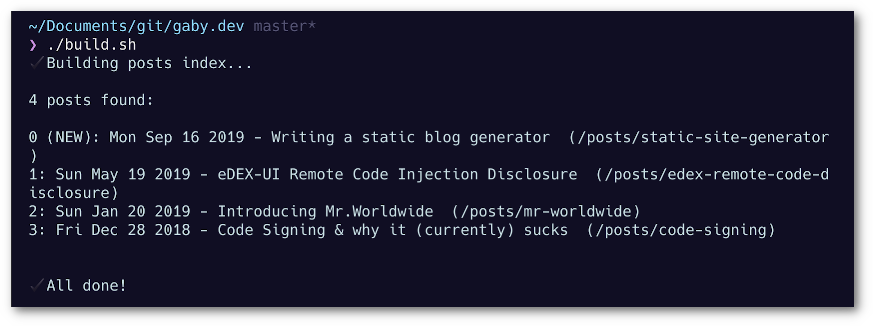 Screenshot of build script output.